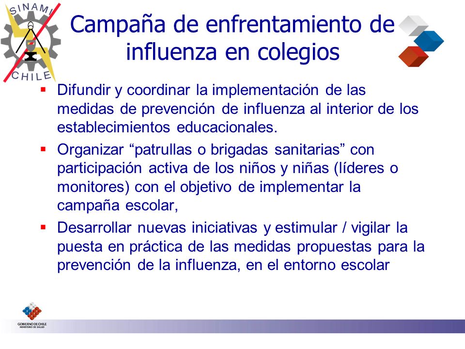 Campaña de enfrentamiento de influenza en colegios Difundir y coordinar la implementación de las medidas de prevención de influenza al interior de los establecimientos educacionales.