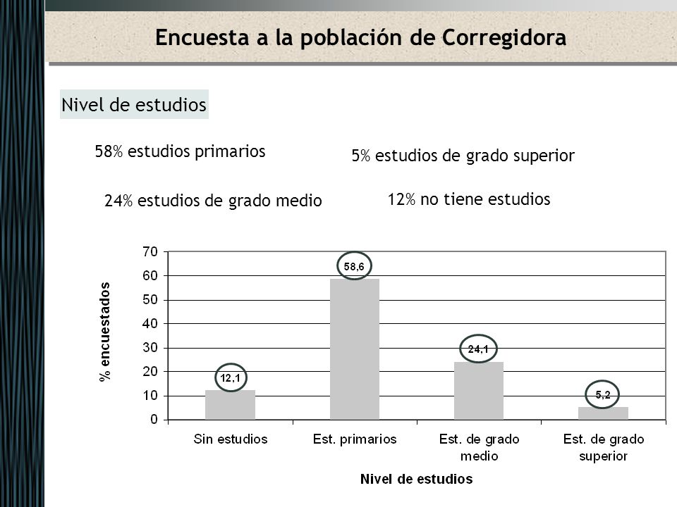 Encuesta a la población de Corregidora Nivel de estudios 58% estudios primarios 5% estudios de grado superior 24% estudios de grado medio 12% no tiene estudios