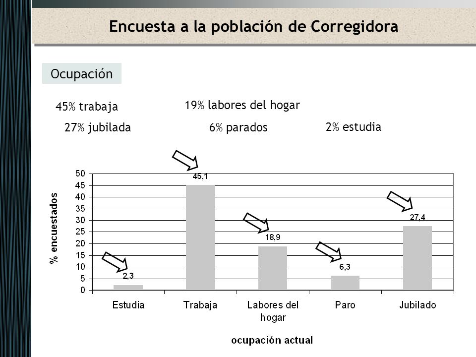Encuesta a la población de Corregidora Ocupación 45% trabaja 19% labores del hogar 27% jubilada 6% parados 2% estudia