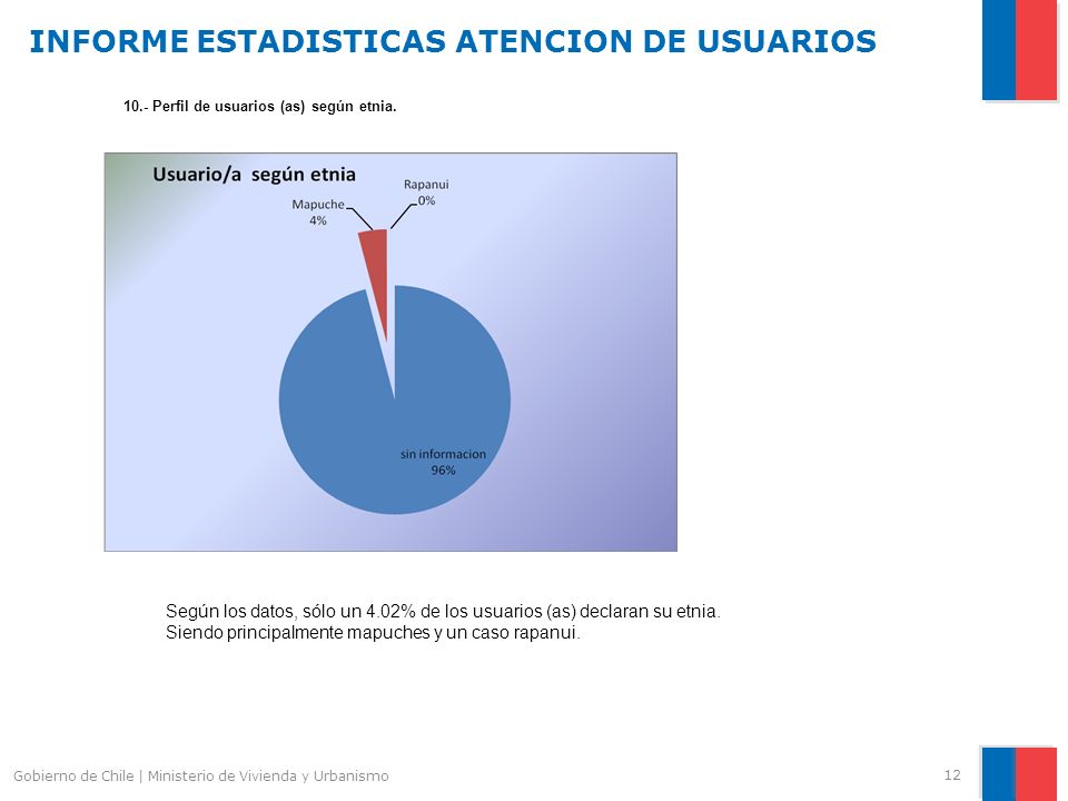 INFORME ESTADISTICAS ATENCION DE USUARIOS 12 Gobierno de Chile | Ministerio de Vivienda y Urbanismo 10.- Perfil de usuarios (as) según etnia.