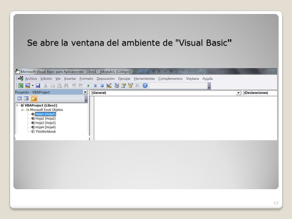 Se abre la ventana del ambiente de Visual Basic 13