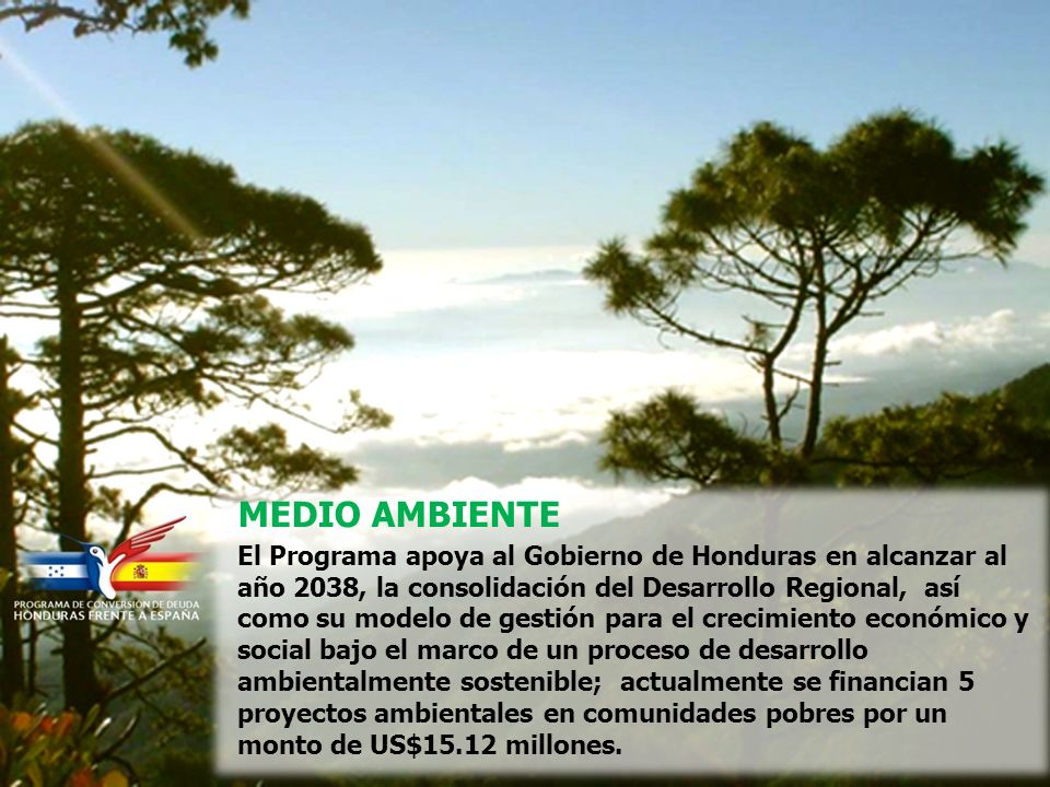 MEDIO AMBIENTE El Programa apoya al Gobierno de Honduras en alcanzar al año 2038, la consolidación del Desarrollo Regional, así como su modelo de gestión para el crecimiento económico y social bajo el marco de un proceso de desarrollo ambientalmente sostenible; actualmente se financian 5 proyectos ambientales en comunidades pobres por un monto de US$15.12 millones.