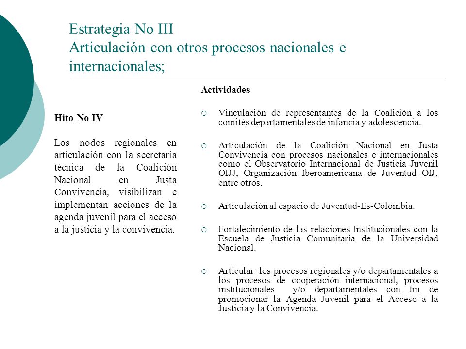 Estrategia No III Articulación con otros procesos nacionales e internacionales; Actividades Vinculación de representantes de la Coalición a los comités departamentales de infancia y adolescencia.