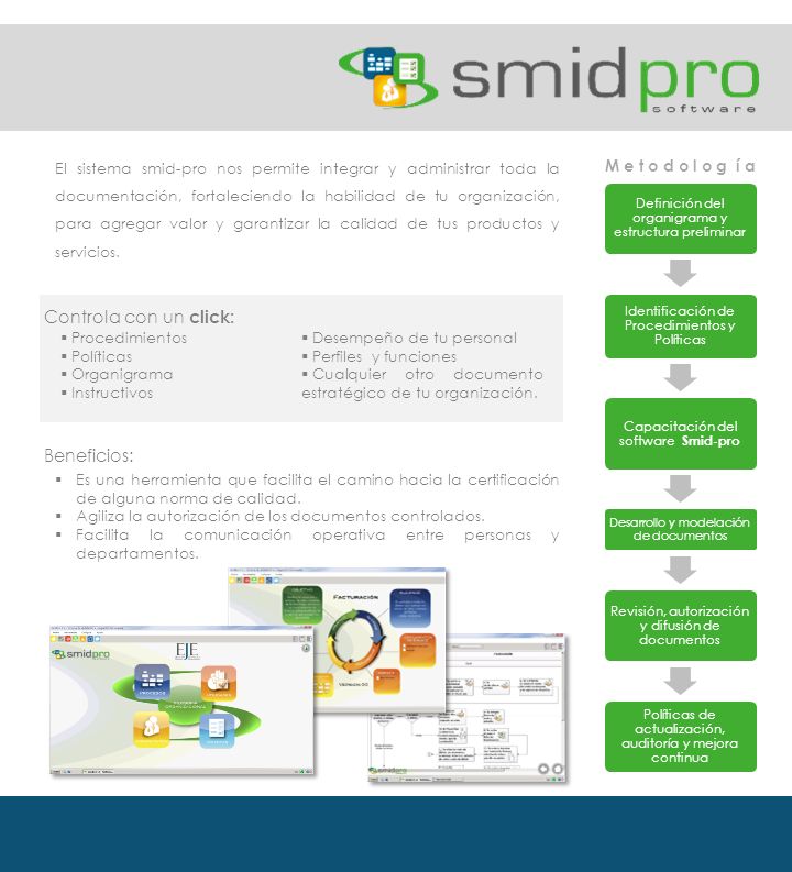 El sistema smid-pro nos permite integrar y administrar toda la documentación, fortaleciendo la habilidad de tu organización, para agregar valor y garantizar la calidad de tus productos y servicios.