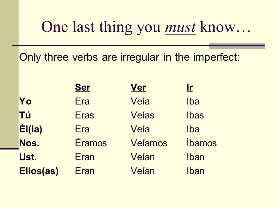One last thing you must know… Only three verbs are irregular in the imperfect: SerVerIr YoEraVeíaIba TúErasVeíasIbas Él(la)EraVeíaIba Nos.ÉramosVeíamosÍbamos Ust.EranVeíanIban Ellos(as)EranVeíanIban