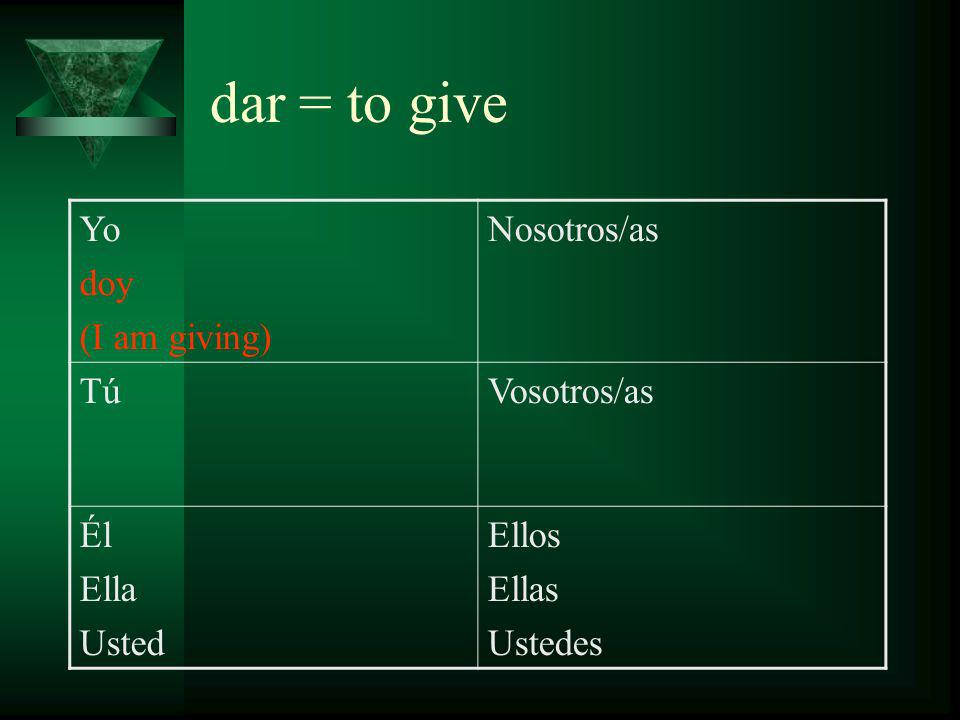 dar = to give Yo doy (I am giving) Nosotros/as TúVosotros/as Él Ella Usted Ellos Ellas Ustedes