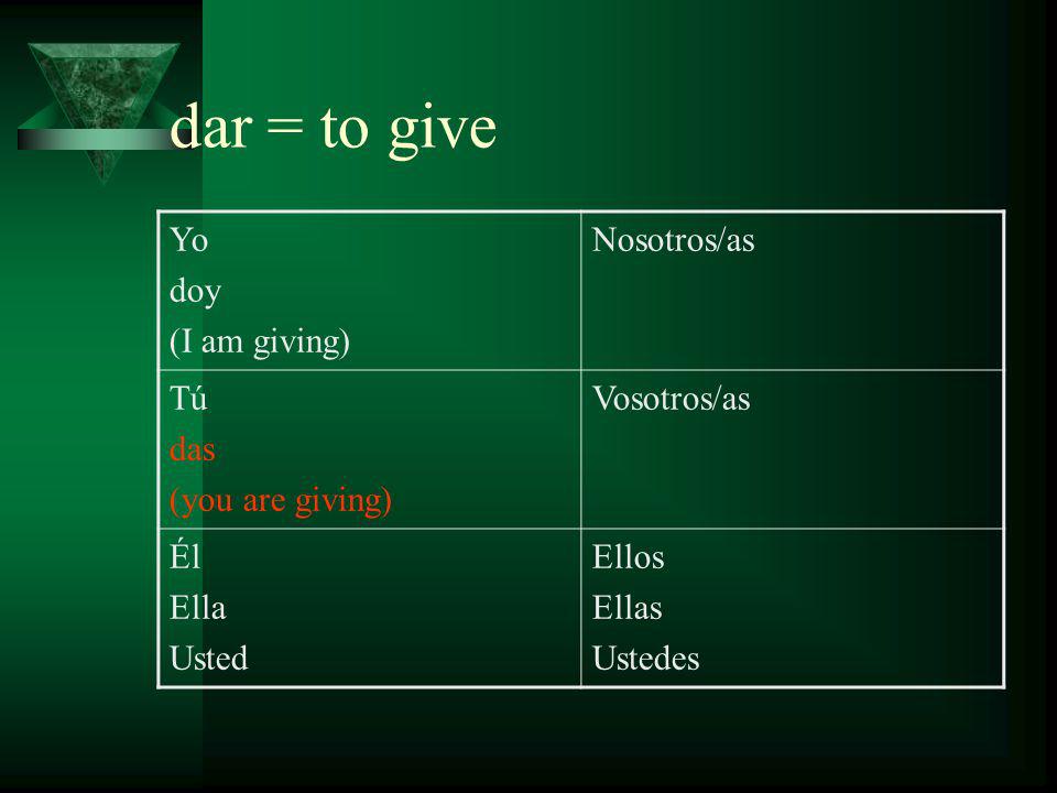 dar = to give Yo doy (I am giving) Nosotros/as Tú das (you are giving) Vosotros/as Él Ella Usted Ellos Ellas Ustedes