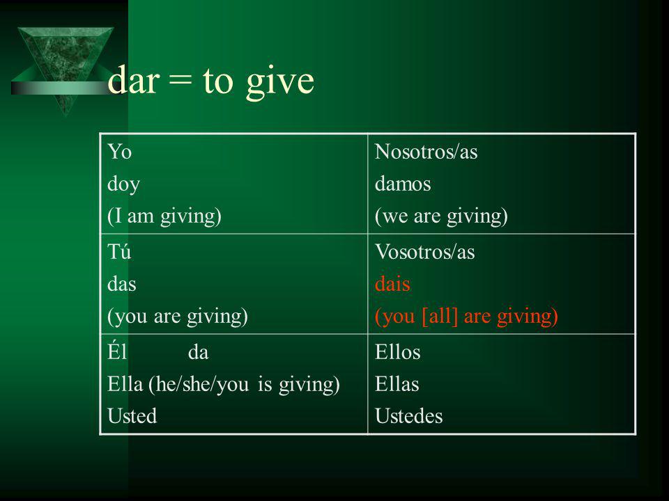 dar = to give Yo doy (I am giving) Nosotros/as damos (we are giving) Tú das (you are giving) Vosotros/as dais (you [all] are giving) Él da Ella (he/she/you is giving) Usted Ellos Ellas Ustedes