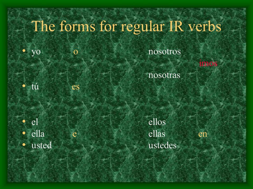 The pattern for -ir verbs is the exact same pattern for -er verbs except for the nosotros form: instead of using emos you will use imos.