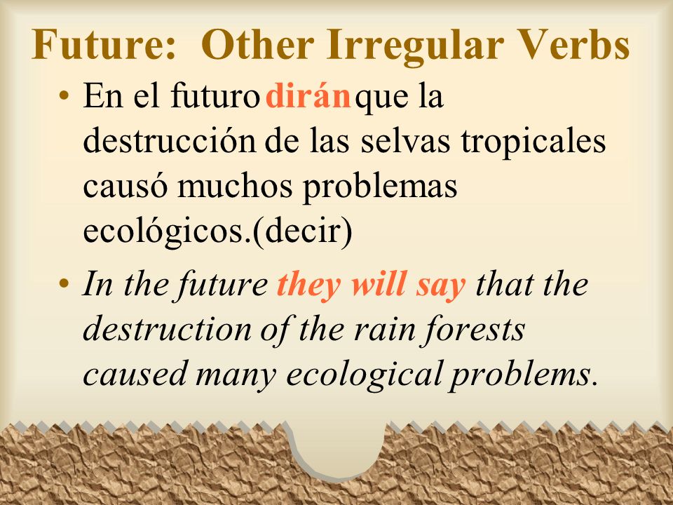 Future: Other Irregular Verbs Other verbs that have irregular stems in the future tense are: Decirdir- Ponerpondr- Quererquerr- Salirsaldr- Venirvendr-
