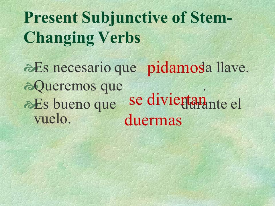Present Subjunctive of Stem- Changing Verbs Es necesario que nosotros pedir la llave.