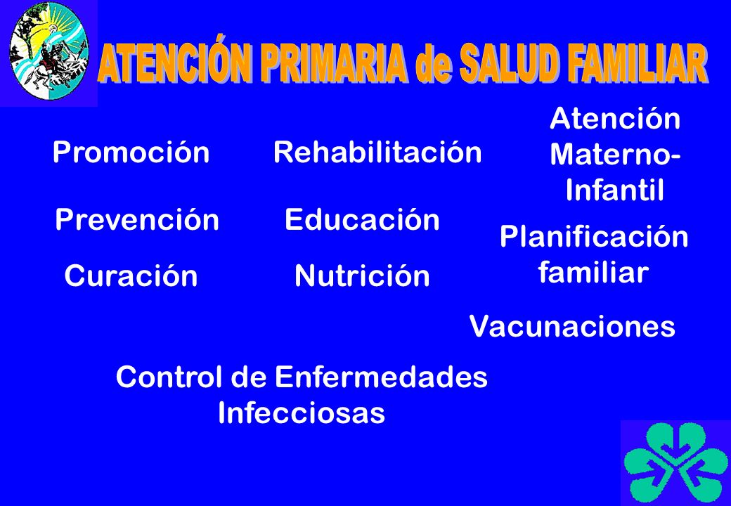 PromociónRehabilitación Atención Materno- Infantil PrevenciónEducación CuraciónNutrición Planificación familiar Vacunaciones Control de Enfermedades Infecciosas