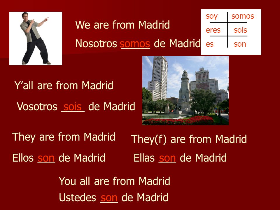 We are from Madrid Nosotros _____ de Madridsomos Yall are from Madrid Vosotros ____ de Madridsois They are from Madrid Ellos ___ de Madridson They(f) are from Madrid Ellas ___ de Madridson You all are from Madrid Ustedes ___ de Madridson soy eres es somos sois son