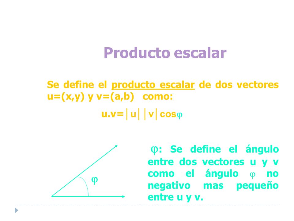 Se define el producto escalar de dos vectores u=(x,y) y v=(a,b) como: u.v= uvcos : Se define el ángulo entre dos vectores u y v como el ángulo no negativo mas pequeño entre u y v.