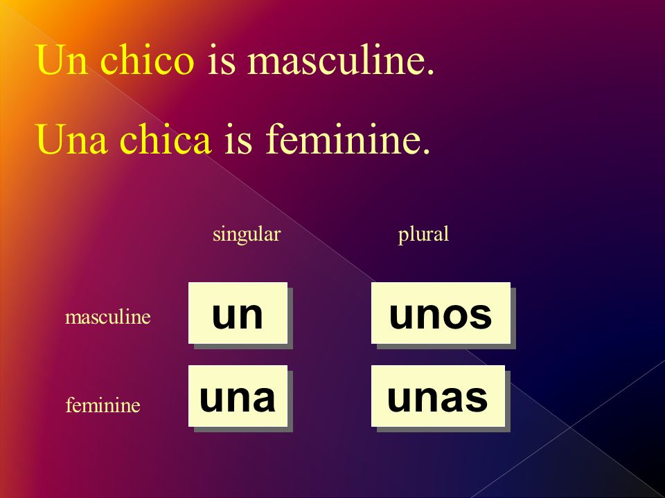 singularplural masculine feminine un una unos unas Un chico is masculine. Una chica is feminine.