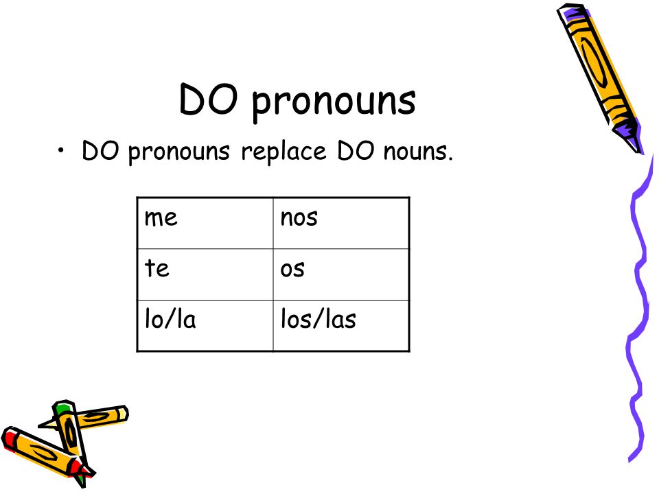 DO pronouns DO pronouns replace DO nouns. menos teos lo/lalos/las
