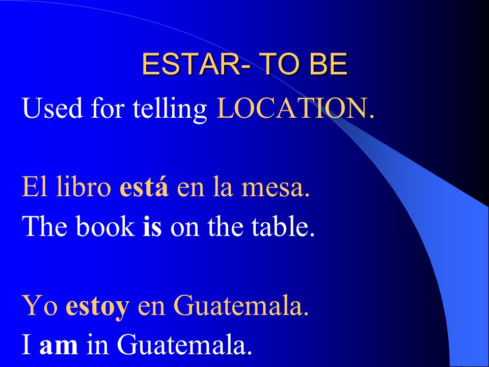 ESTAR- TO BE Used for telling LOCATION. El libro está en la mesa.