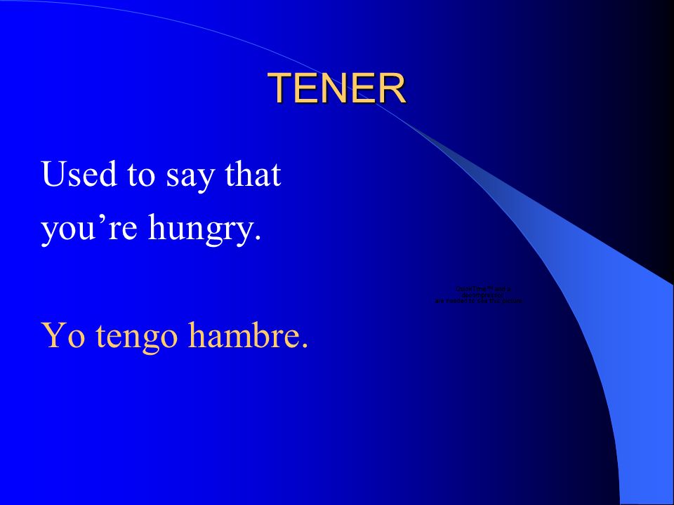 TENER Used to say that youre hungry. Yo tengo hambre.