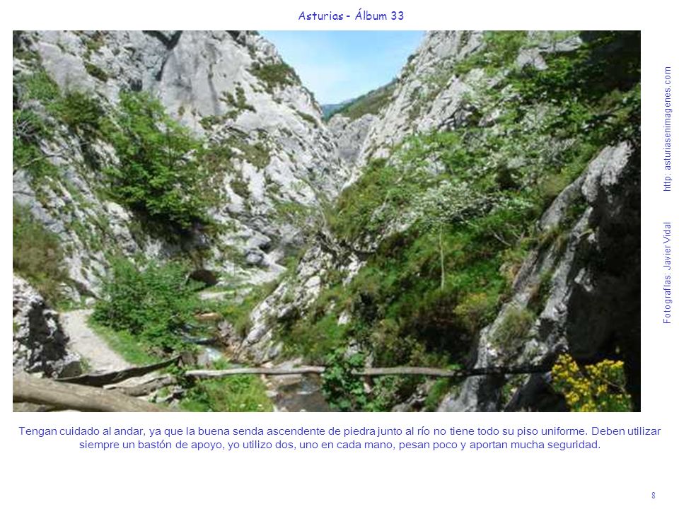 8 Asturias - Álbum 33 Fotografías: Javier Vidal http: asturiasenimagenes.com Tengan cuidado al andar, ya que la buena senda ascendente de piedra junto al río no tiene todo su piso uniforme.