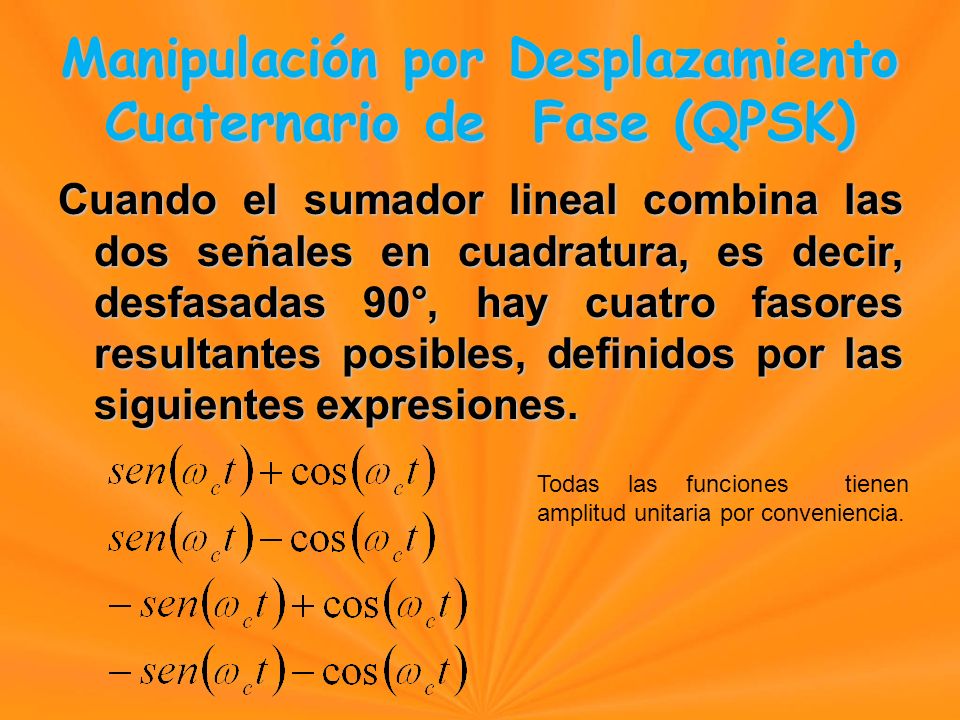 Cuando el sumador lineal combina las dos señales en cuadratura, es decir, desfasadas 90°, hay cuatro fasores resultantes posibles, definidos por las siguientes expresiones.
