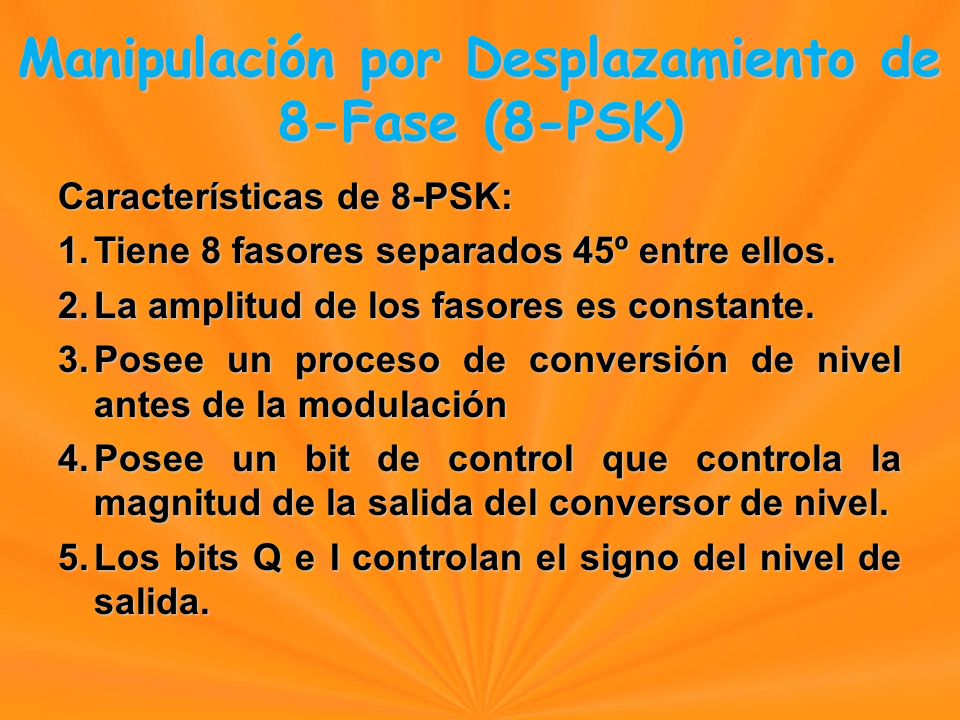 Características de 8-PSK: 1.Tiene 8 fasores separados 45º entre ellos.