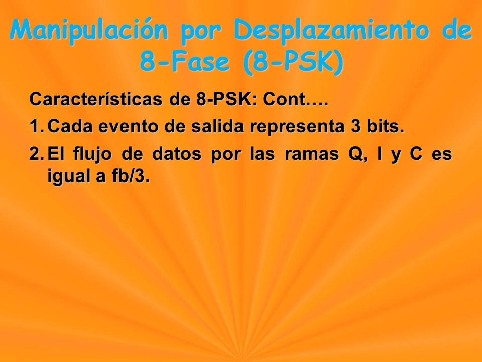 Características de 8-PSK: Cont…. 1.Cada evento de salida representa 3 bits.