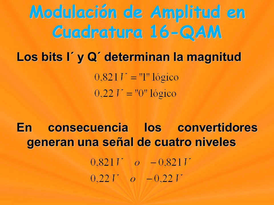Los bits I´ y Q´ determinan la magnitud En consecuencia los convertidores generan una señal de cuatro niveles Modulación de Amplitud en Cuadratura 16-QAM