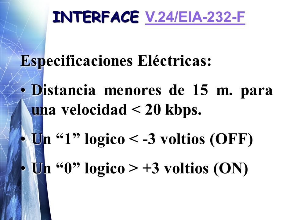 INTERFACE V.24/EIA-232-F V.24/EIA-232-F Especificaciones Eléctricas: Distancia menores de 15 m.