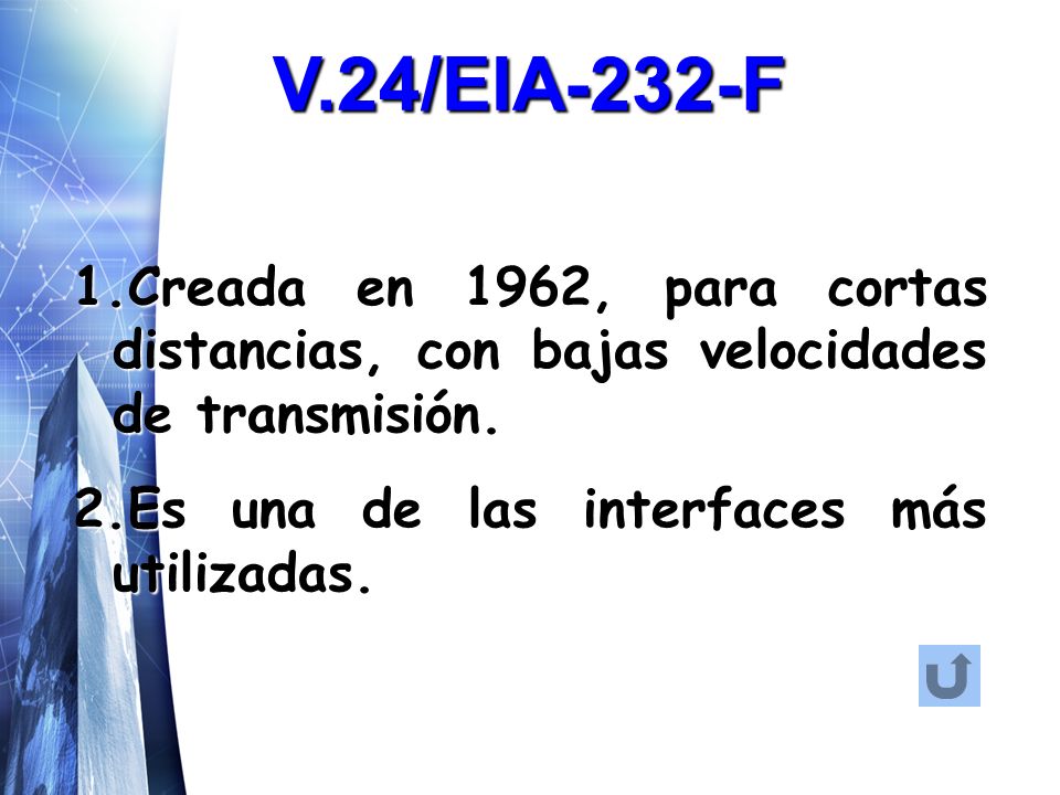 V.24/EIA-232-F 1.Creada en 1962, para cortas distancias, con bajas velocidades de transmisión.