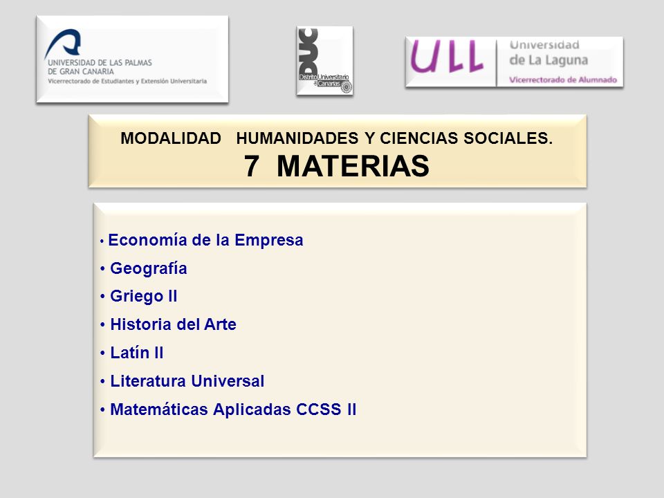 MODALIDAD HUMANIDADES Y CIENCIAS SOCIALES. 7 MATERIAS MODALIDAD HUMANIDADES Y CIENCIAS SOCIALES.