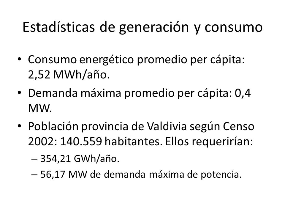Estadísticas de generación y consumo Consumo energético promedio per cápita: 2,52 MWh/año.