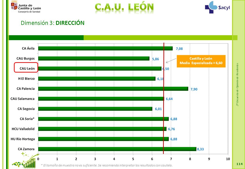 2ª Encuesta de Opinión de Residentes Dimensión 3: DIRECCIÓN 114 Castilla y León Media Especializada = 6,60 * El tamaño de muestra no es suficiente.