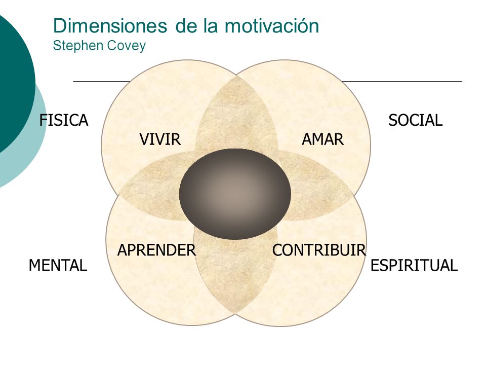 VIVIR APRENDERCONTRIBUIR AMAR FISICA MENTALESPIRITUAL SOCIAL Dimensiones de la motivación Stephen Covey