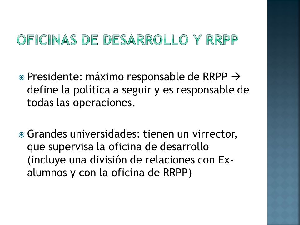 Presidente: máximo responsable de RRPP define la política a seguir y es responsable de todas las operaciones.
