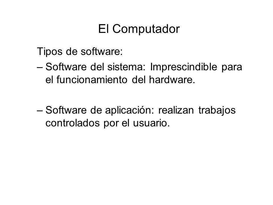 El Computador Tipos de software: –Software del sistema: Imprescindible para el funcionamiento del hardware.