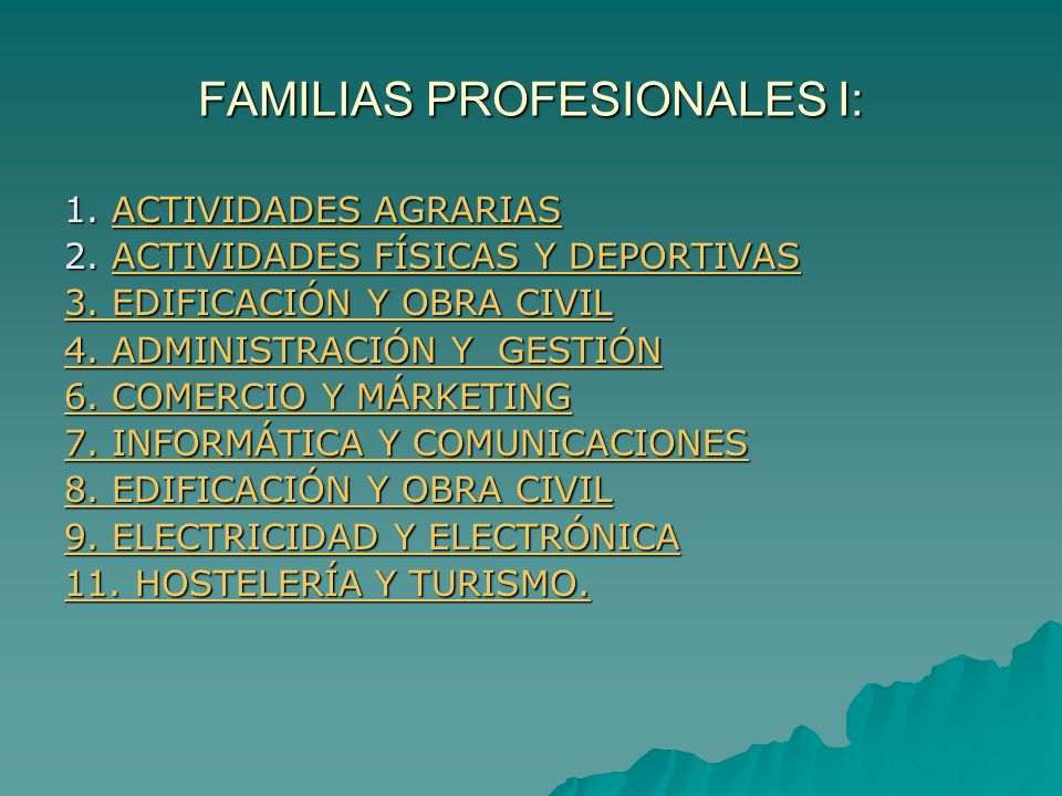 FAMILIAS PROFESIONALES I: 1. ACTIVIDADES AGRARIAS ACTIVIDADES AGRARIASACTIVIDADES AGRARIAS 2.