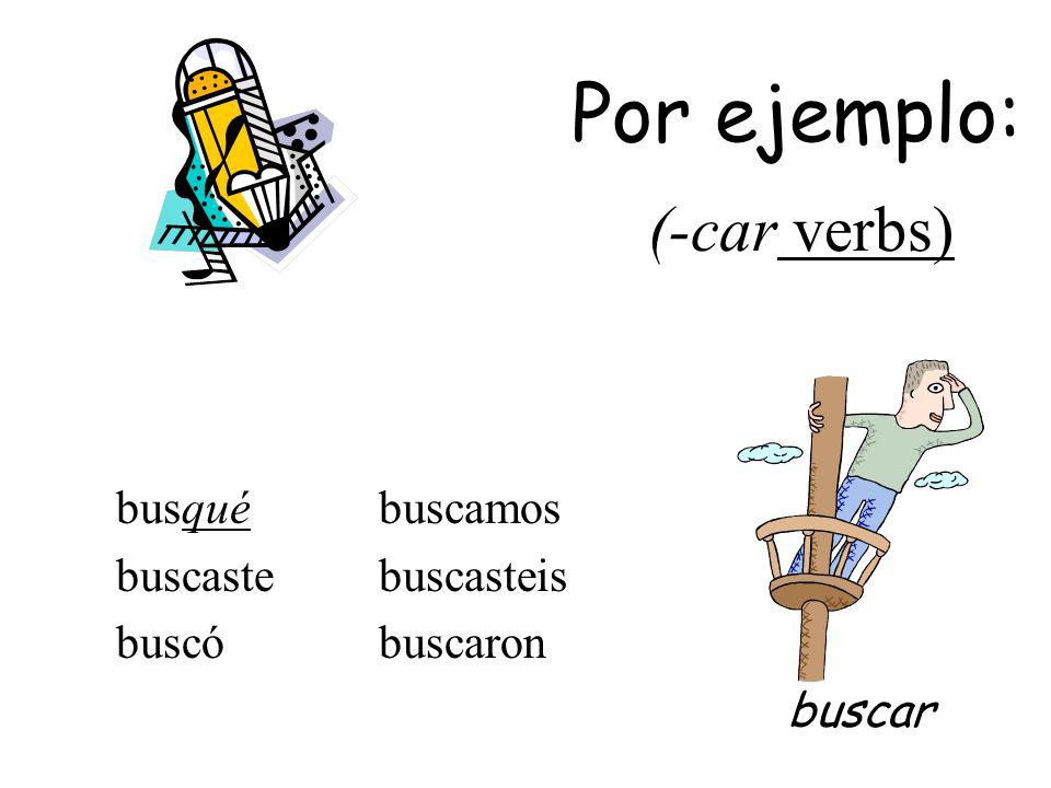 The yo form of the pretérito changes to conserve the sound of the infinitive: -car -gar -zar -qué -gué -cé tocé jugé rezé