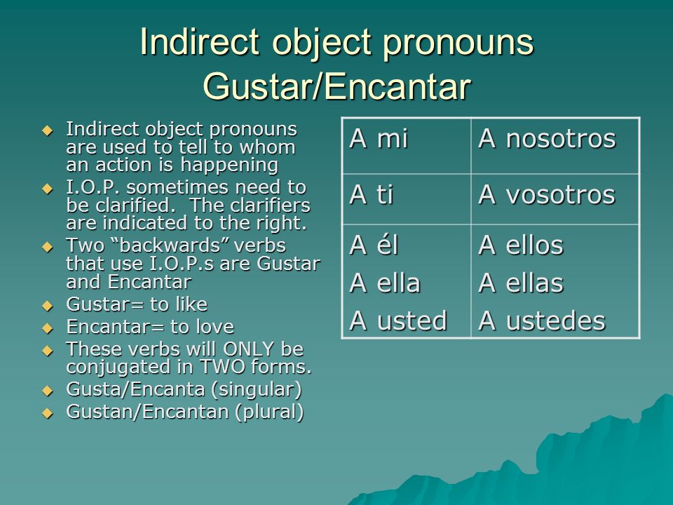 Indirect object pronouns Gustar/Encantar Indirect object pronouns are used to tell to whom an action is happening Indirect object pronouns are used to tell to whom an action is happening I.O.P.