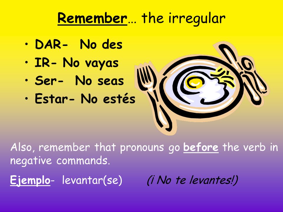 Remember… the irregular DAR- No des IR- No vayas Ser- No seas Estar- No estés Also, remember that pronouns go before the verb in negative commands.