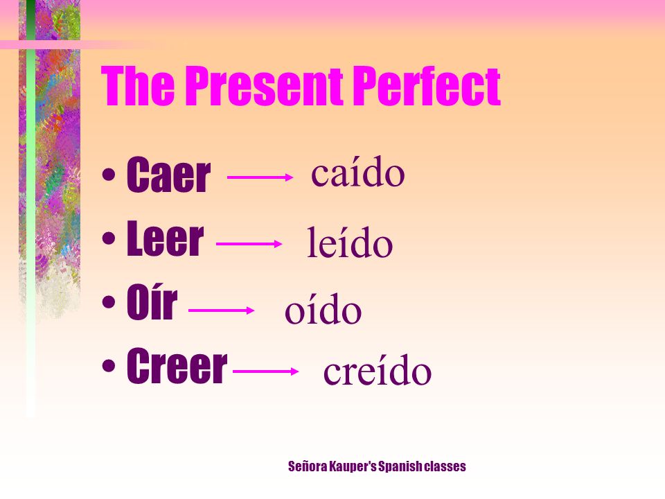 The Present Perfect Certain verbs that have a double vowel in the infinitive form (except those with the double vowel ui ) require an accent mark on the i in the past participle.
