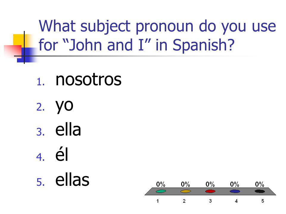 What subject pronoun do you use for John and I in Spanish 1. nosotros 2. yo 3. ella 4. él 5. ellas