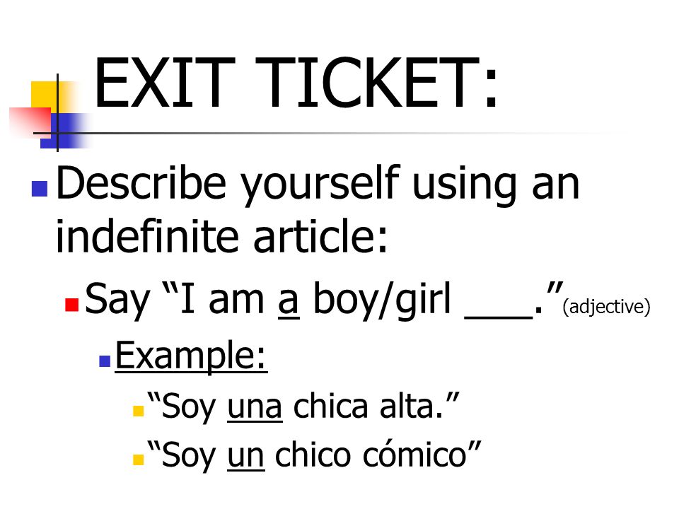 EXIT TICKET: Describe yourself using an indefinite article: Say I am a boy/girl ___.