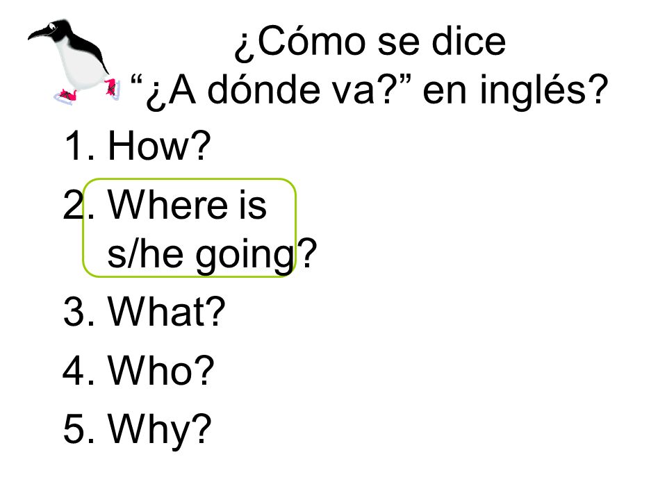 ¿Cómo se dice ¿A dónde va en inglés 1.How 2.Where is s/he going 3.What 4.Who 5.Why