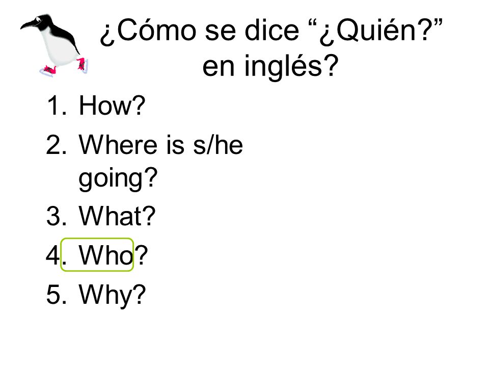 ¿Cómo se dice ¿Quién en inglés 1.How 2.Where is s/he going 3.What 4.Who 5.Why