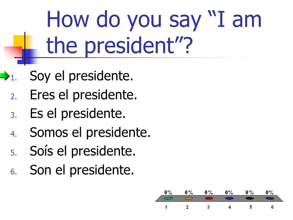 How do you say I am the president. 1. Soy el presidente.