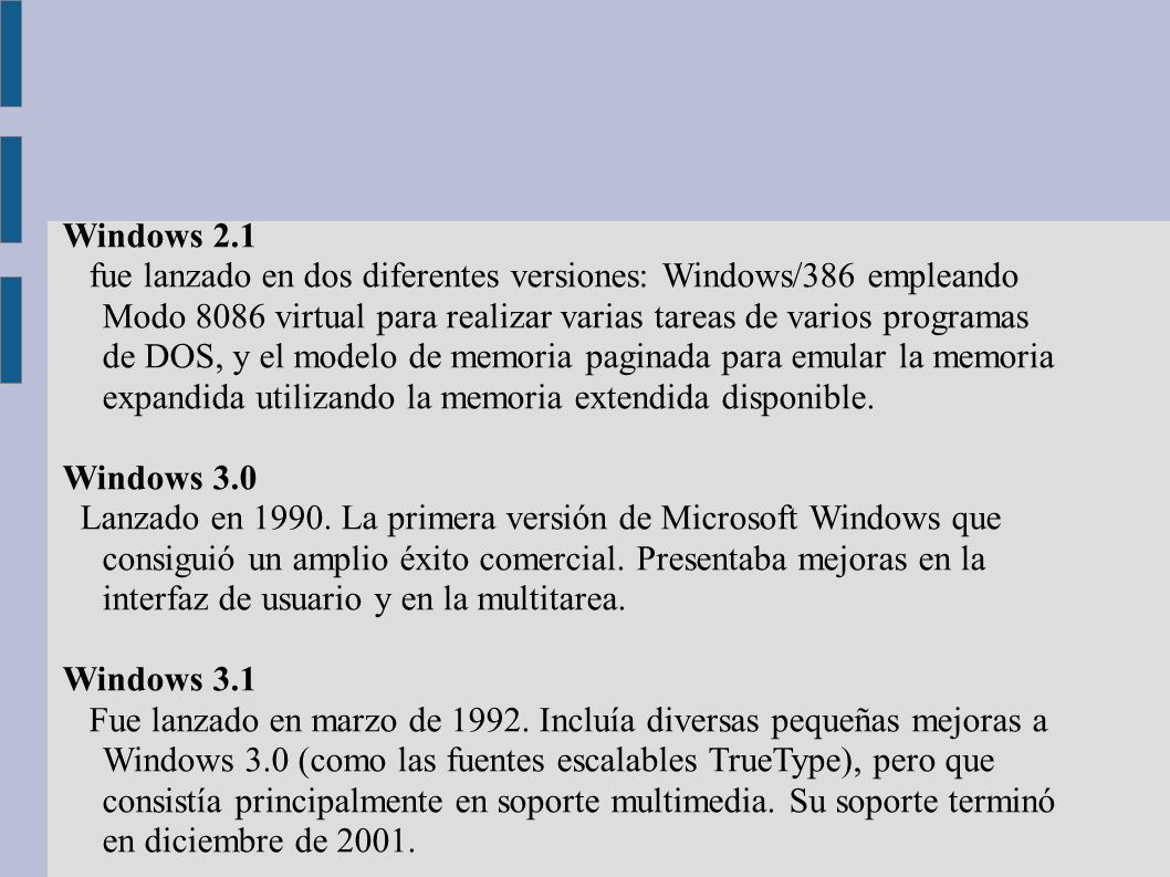 Windows 2.1 fue lanzado en dos diferentes versiones: Windows/386 empleando Modo 8086 virtual para realizar varias tareas de varios programas de DOS, y el modelo de memoria paginada para emular la memoria expandida utilizando la memoria extendida disponible.