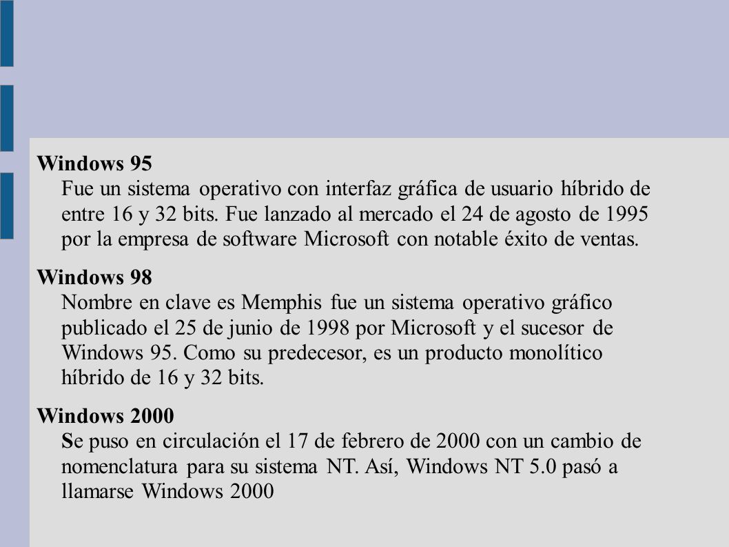 Windows 95 Fue un sistema operativo con interfaz gráfica de usuario híbrido de entre 16 y 32 bits.