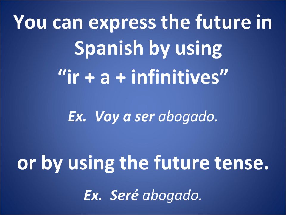 You can express the future in Spanish by using ir + a + infinitives Ex.
