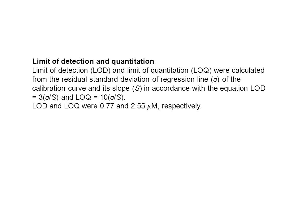 Limit of detection and quantitation Limit of detection (LOD) and limit of quantitation (LOQ) were calculated from the residual standard deviation of regression line ( ) of the calibration curve and its slope (S) in accordance with the equation LOD = 3( /S) and LOQ = 10( /S).