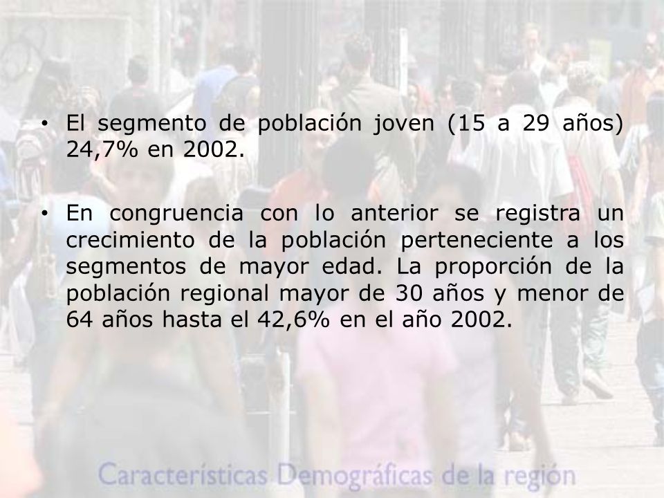 El segmento de población joven (15 a 29 años) 24,7% en 2002.